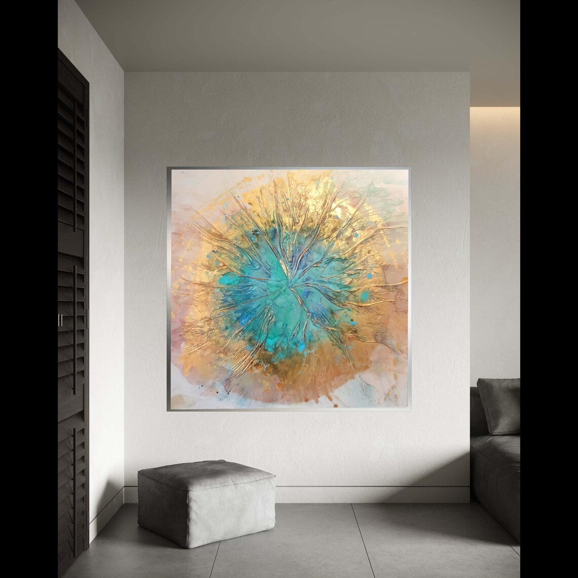 Abstract Blue And Gold Burst Canvas Modern Wall Art Contemporary Home Decor Ready To Hang Decoration Gift