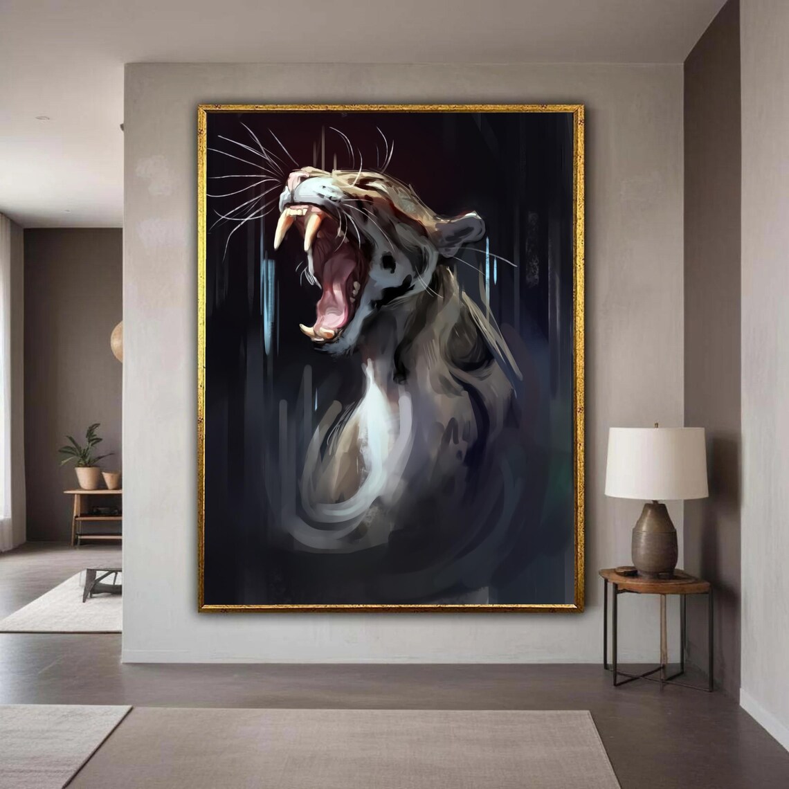 Roaring White Tiger Fierce Wildlife Portrait Dark Background Poster