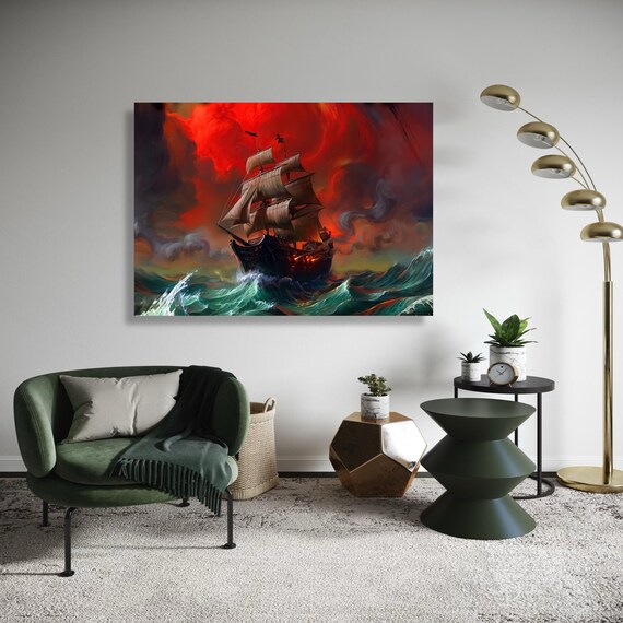 Tall Ship Stormy Red Sea Dramatic Ocean Waves Dark Seascape Poster
