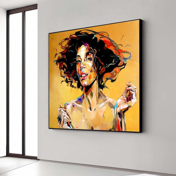 Expressive Woman Portrait Flowing Dark Hair Gold Background Art Print
