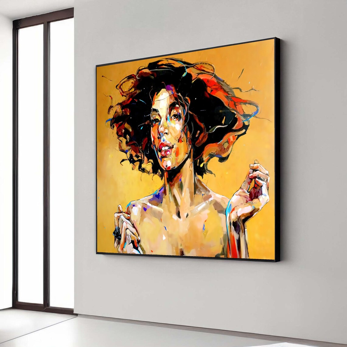 Expressive Woman Portrait Flowing Dark Hair Gold Background Art Print