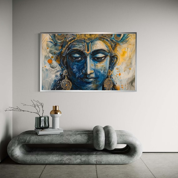Lord Krishna Blue Face Portrait Golden Crown Devotional Art Poster