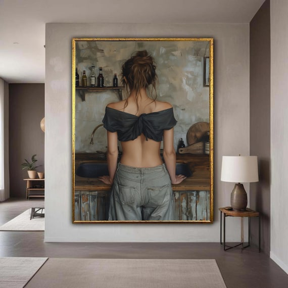 Woman in Rustic Kitchen Back View Oil Painting Canvas Art Poster