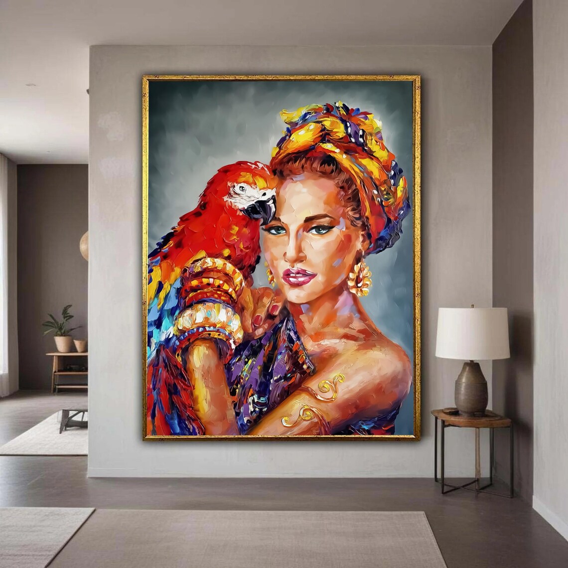 Woman With Macaw Parrot Colorful Tropical Portrait Vibrant Poster