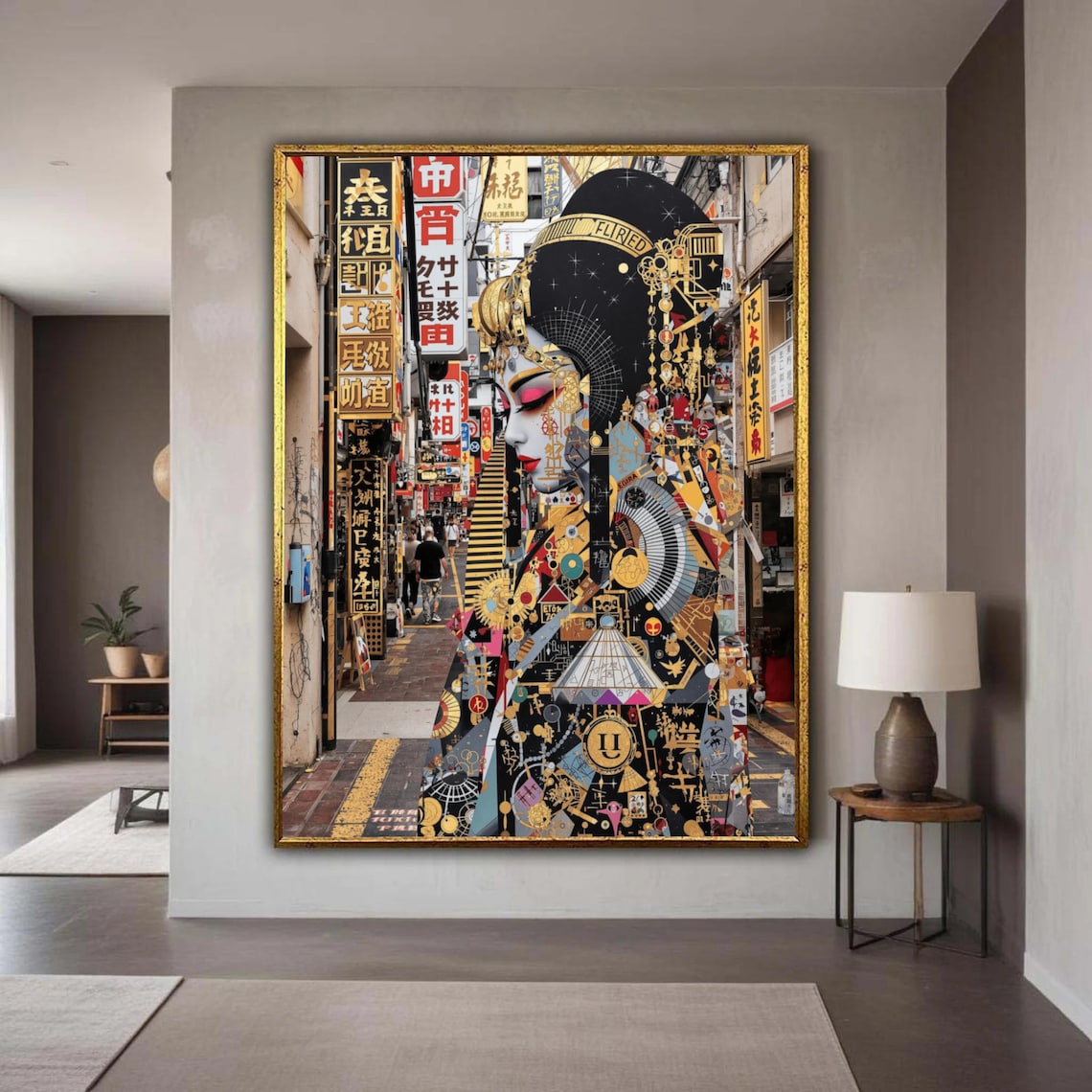 Futuristic Geisha Portrait Urban Japanese Neon Street Style Poster