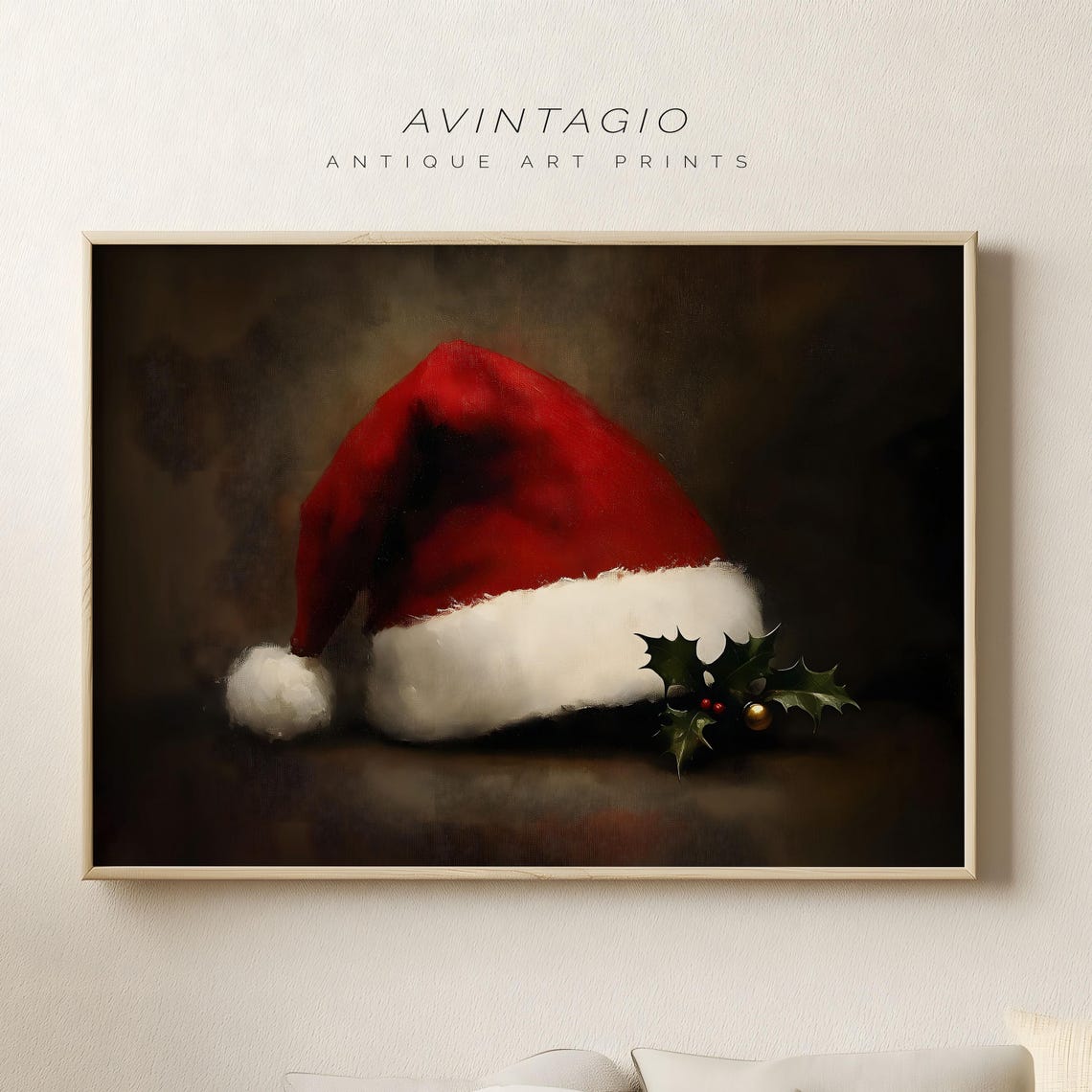 Moody Santa Claus Hat Still Life Oil Painting Vintage Cottagecore Holiday Season Gallery Decor Antique Winter Festivity Season Wall Art
