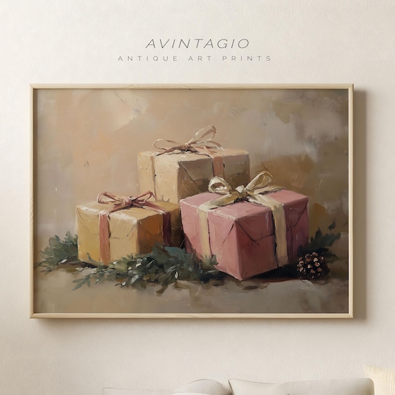 Muted Pastel Chirstmas Gifts Print Antique Holiday Season Artwork Winter Gallery Decor Vintage Whimsy Oil Painting Moody Farmhouse Decor