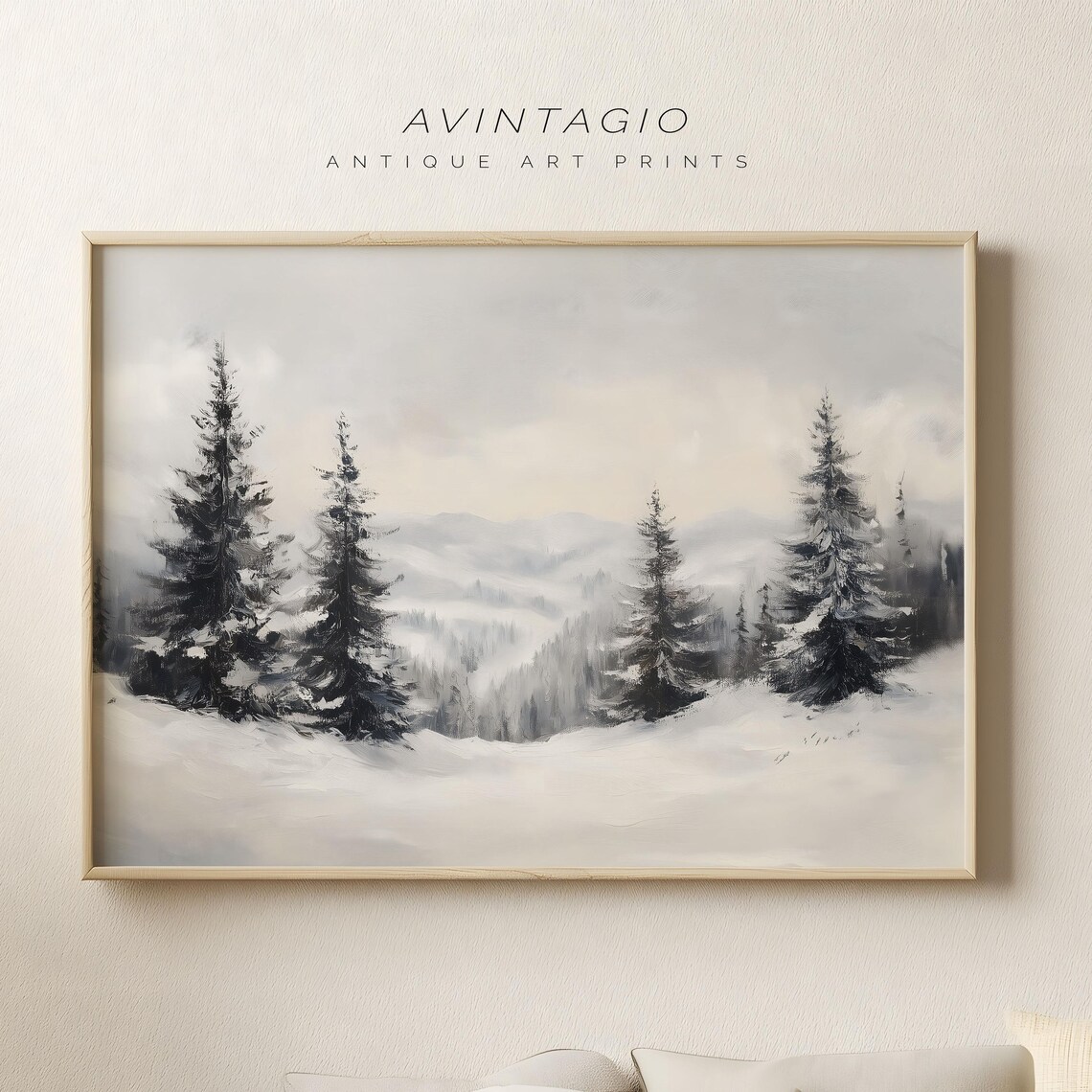 Minimalist Snowy Pine Forest Mountains Soft Winter Painting Poster