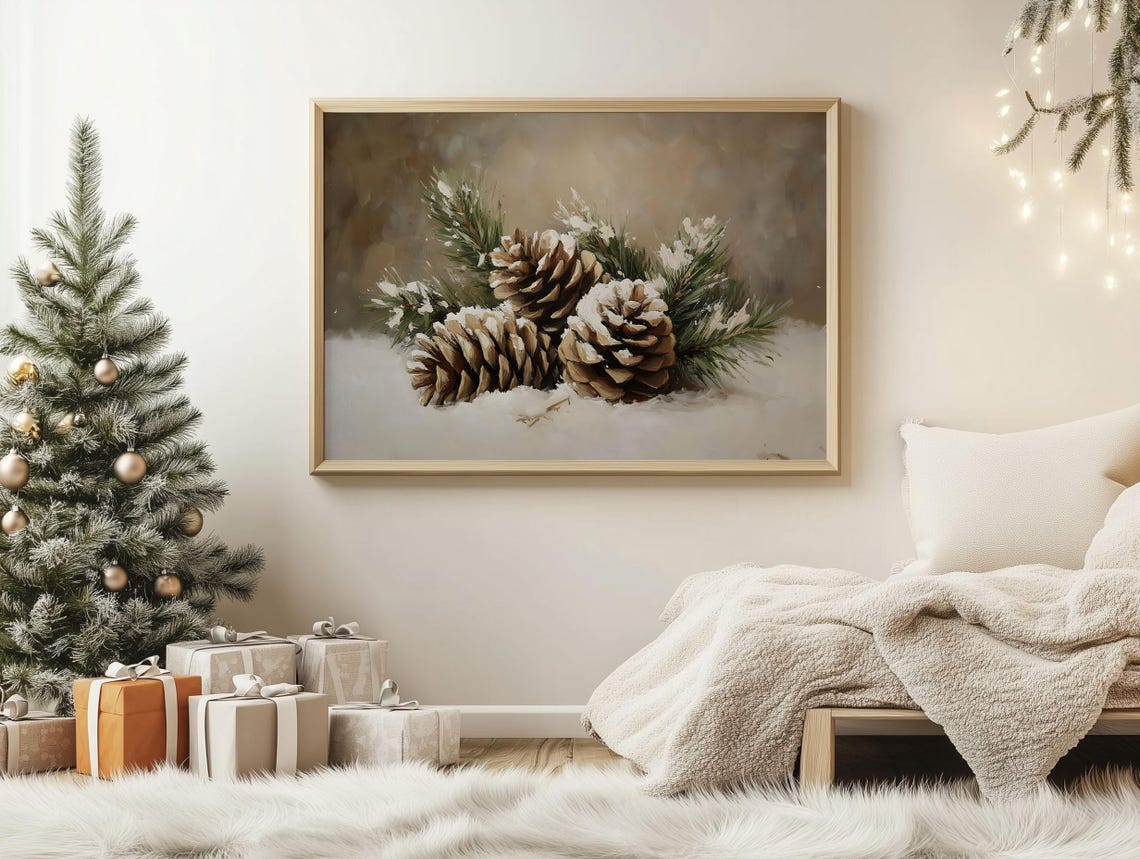 Snow Covered Pine Cones with Spruce Sprigs Still Life Painting Poster - Image 2