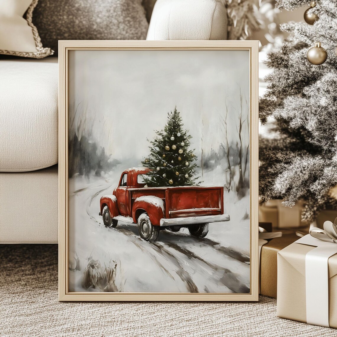 Red Vintage Pickup Truck Carrying a Christmas Tree in Snow Poster
