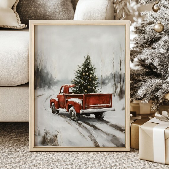 Rustic Christmas Tree Truck Print White Winter Landscape Moody Oil Painting Holiday Festivity Cozy Wall Gallery Artwork Cottagecore Decor