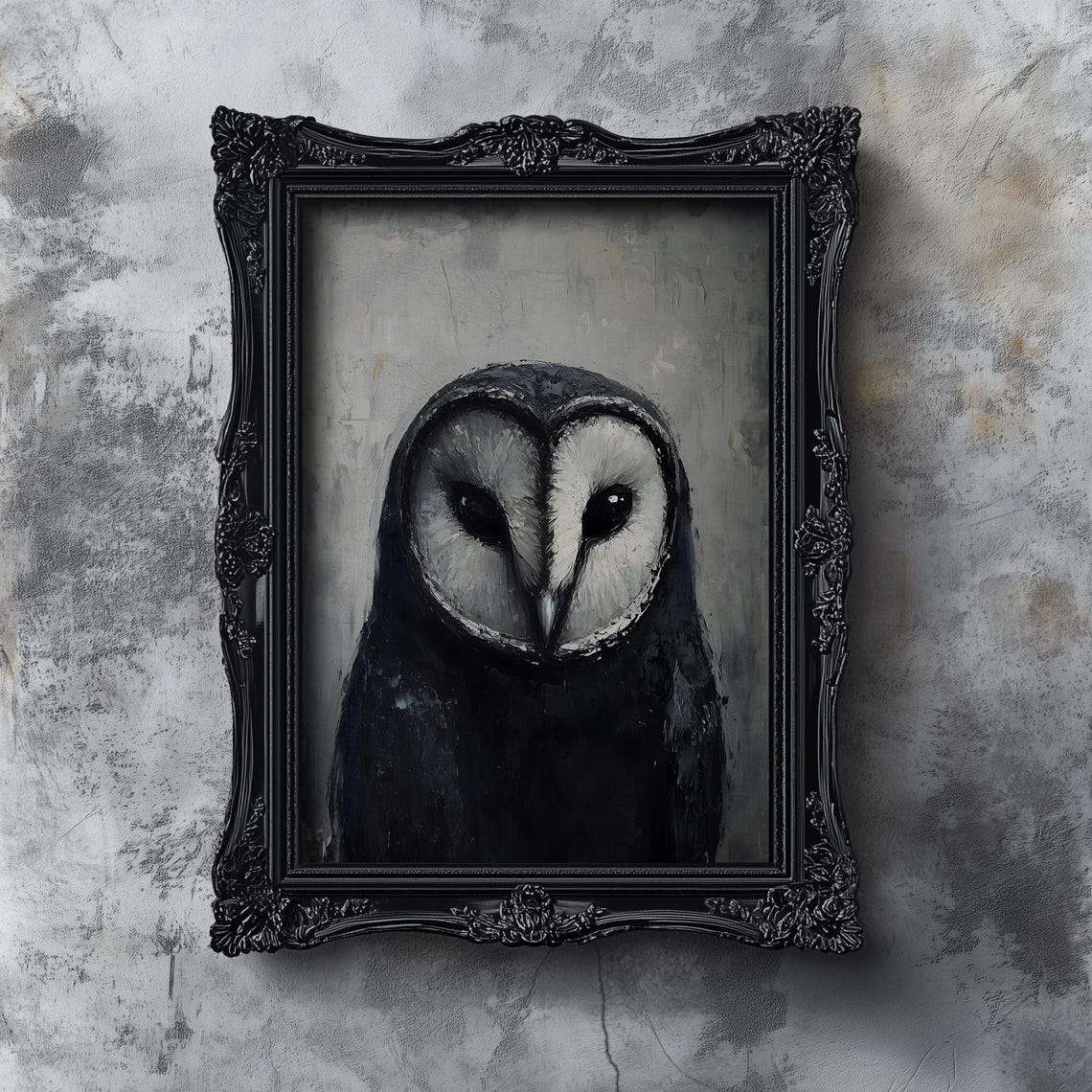 Vintage Black Barn Owl Portrait Moody Dark Academia Owl Art Poster