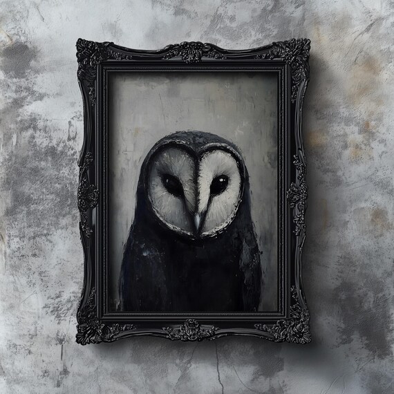 Black Owl Dark Academia Art Print Moody Cute Owl Wall Art Vintage Cottagecore Decor Antique Horro Oil Painting Gothic Halloween Owl Art