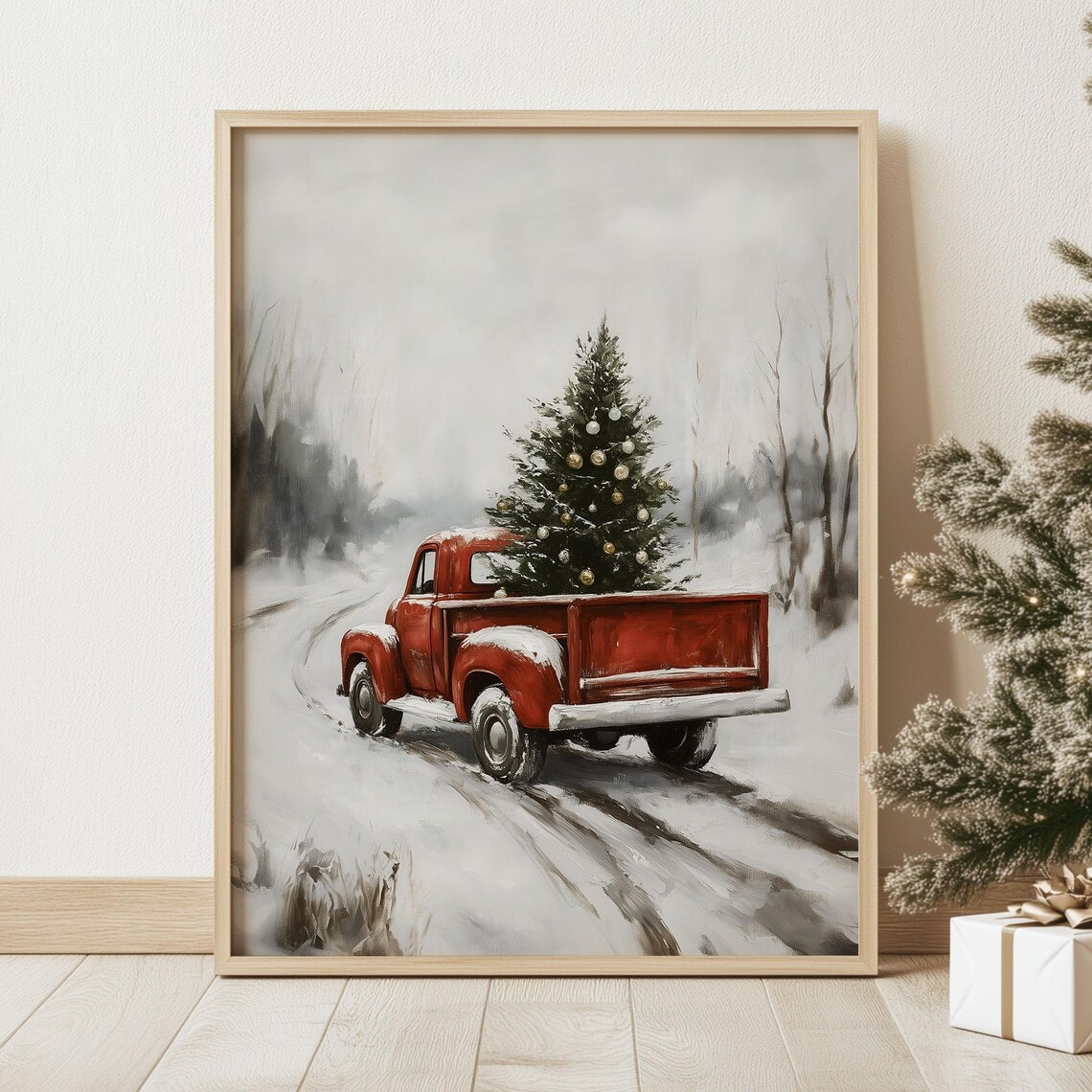 Red Vintage Pickup Truck Carrying a Christmas Tree in Snow Poster - Image 2
