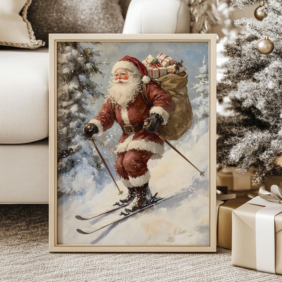 Santa Claus Skiing Downhill with Gift Sack Vintage Style Poster
