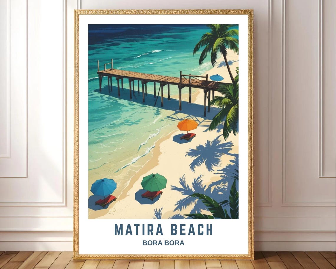 Matira Beach Bora Bora Tropical Beach Pier Palms Retro Travel Poster