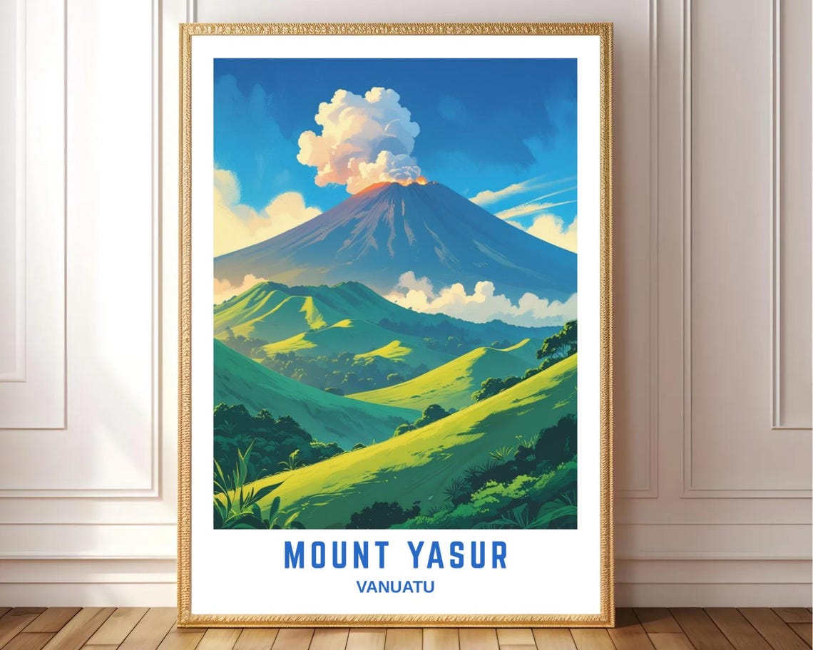 Mount Yasur Vanuatu Erupting Volcano Green Hills Travel Poster
