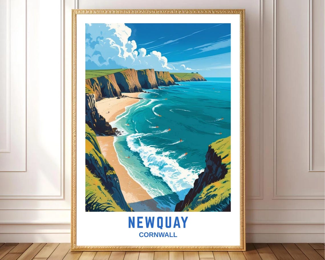 Newquay Cornwall Sea Cliffs Beach Surfers Wave View Art Poster