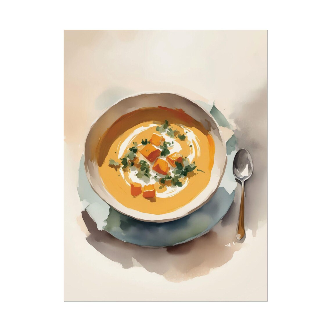 Creamy Pumpkin Soup Bowl Watercolor Autumn Food Illustration Poster