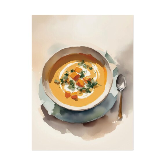 Creamy Pumpkin Soup Bowl Watercolor Autumn Food Illustration Poster