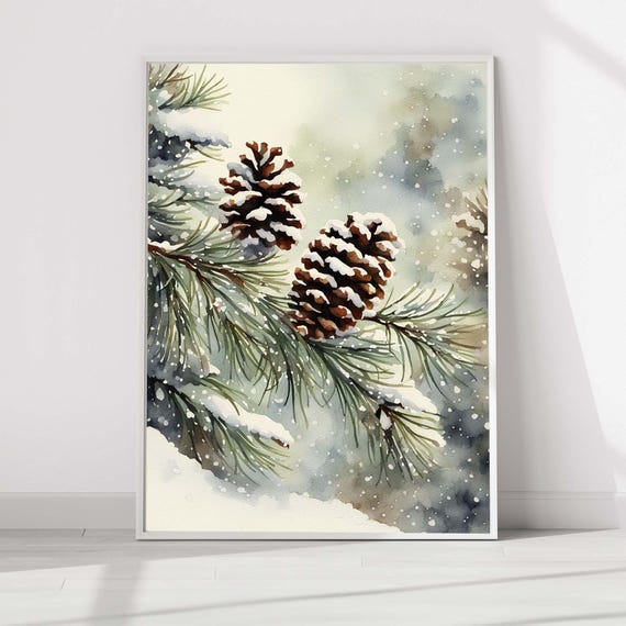 Snow Dusted Pinecones Frosted Pine Winter Watercolor Botanical Poster