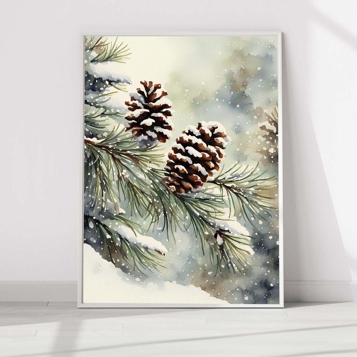 Snow Dusted Pinecones Frosted Pine Winter Watercolor Botanical Poster
