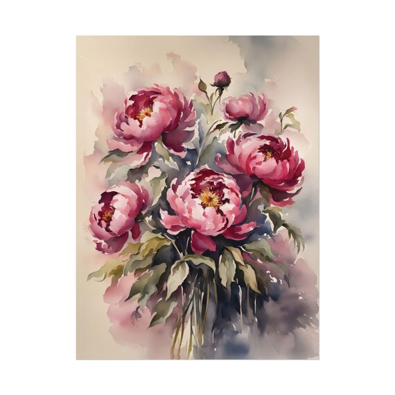 Deep Pink Peonies Watercolor Bouquet Magenta Floral Botanical Poster