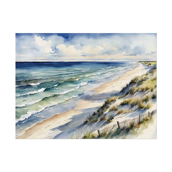 Sandy Beach Ocean Waves Sea Grass Dunes Watercolor Coastal Poster