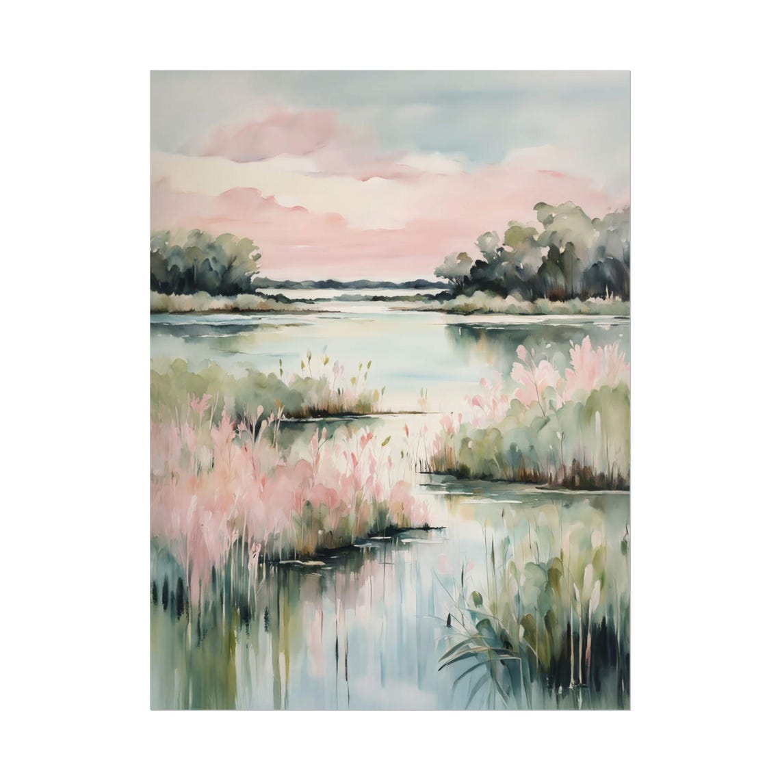 Pink Marsh Reeds Watercolor Spring Landscape Soft Pastel Poster