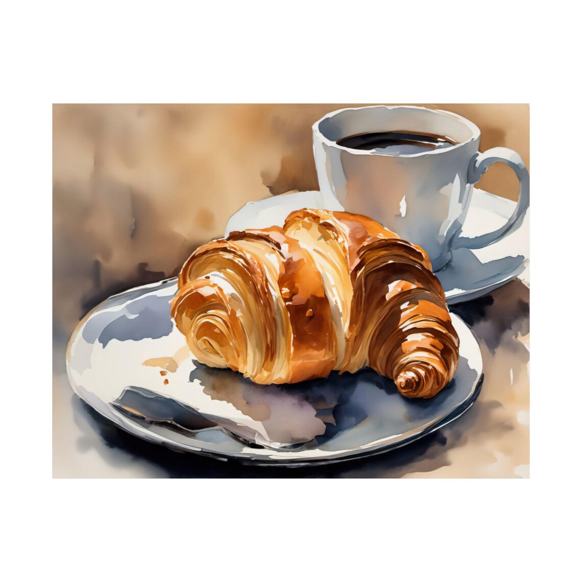 Coffee And Croissant Painting, Kitchen Wall Art Print
