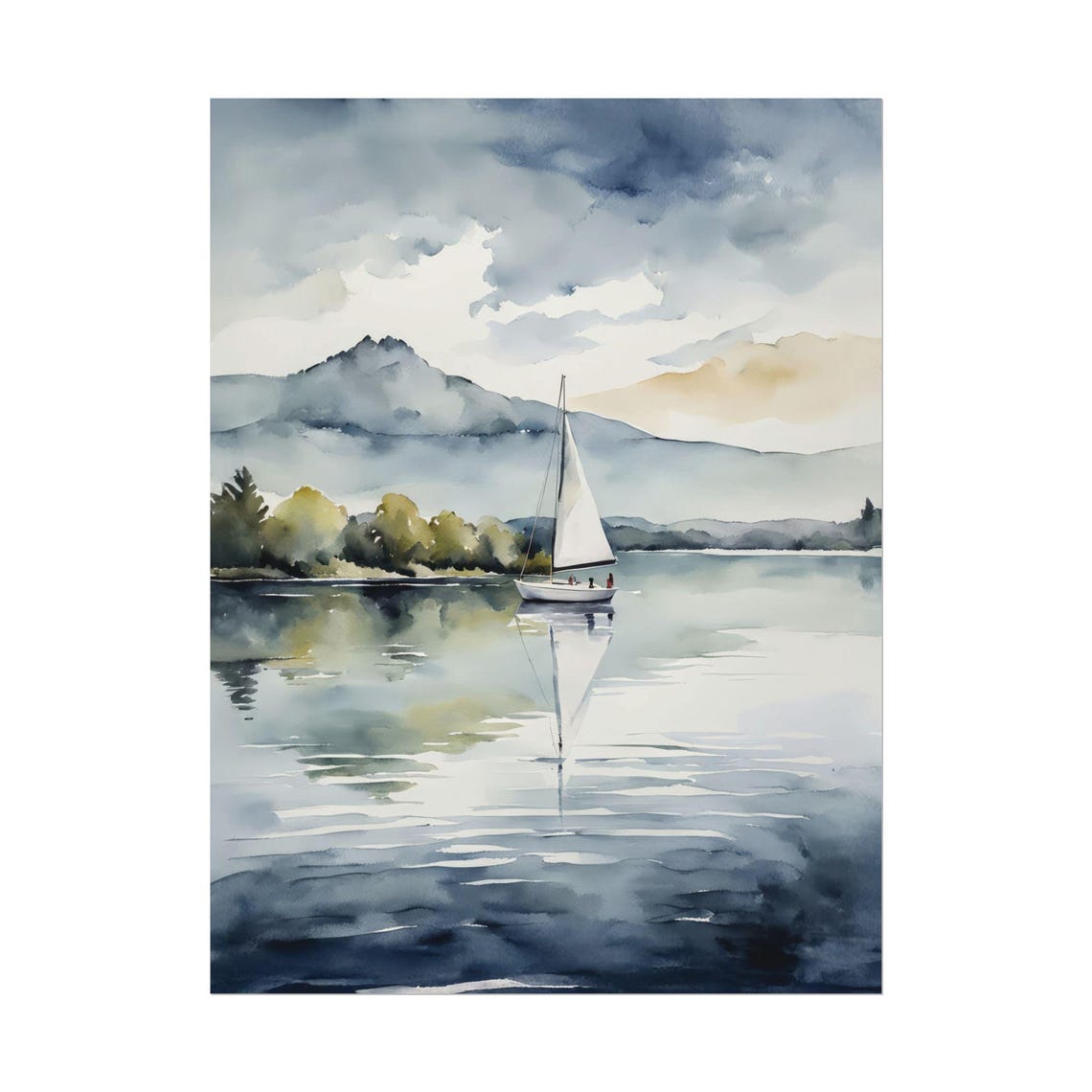Sailboat Mountain Lake Misty Morning Watercolor Calm Waters Wall Art