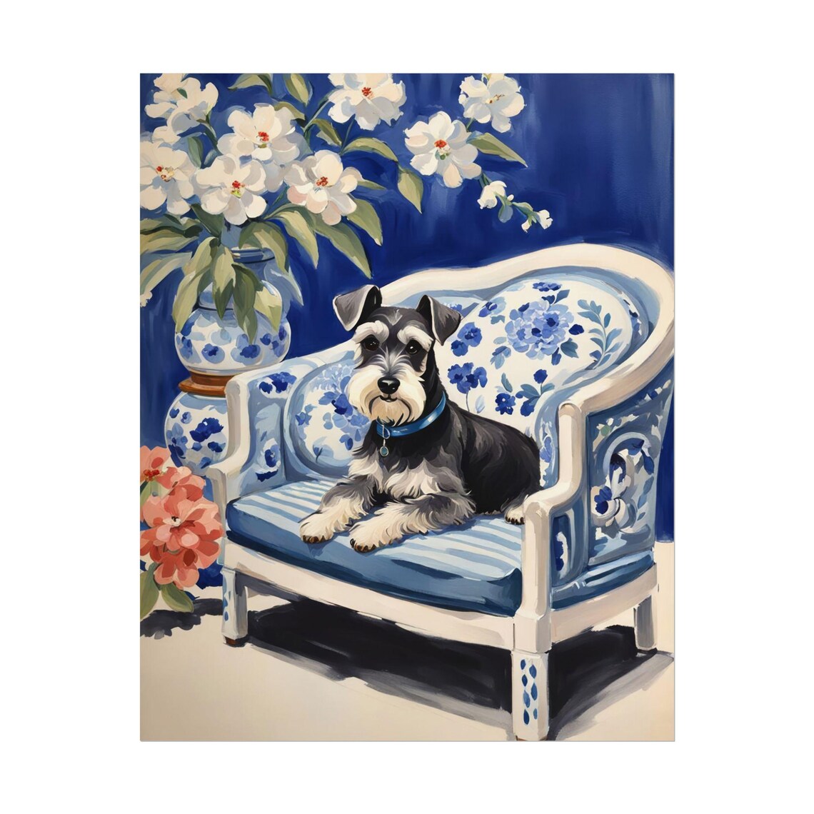 Mini Schnauzer Blue Floral Chinoiserie Art Print