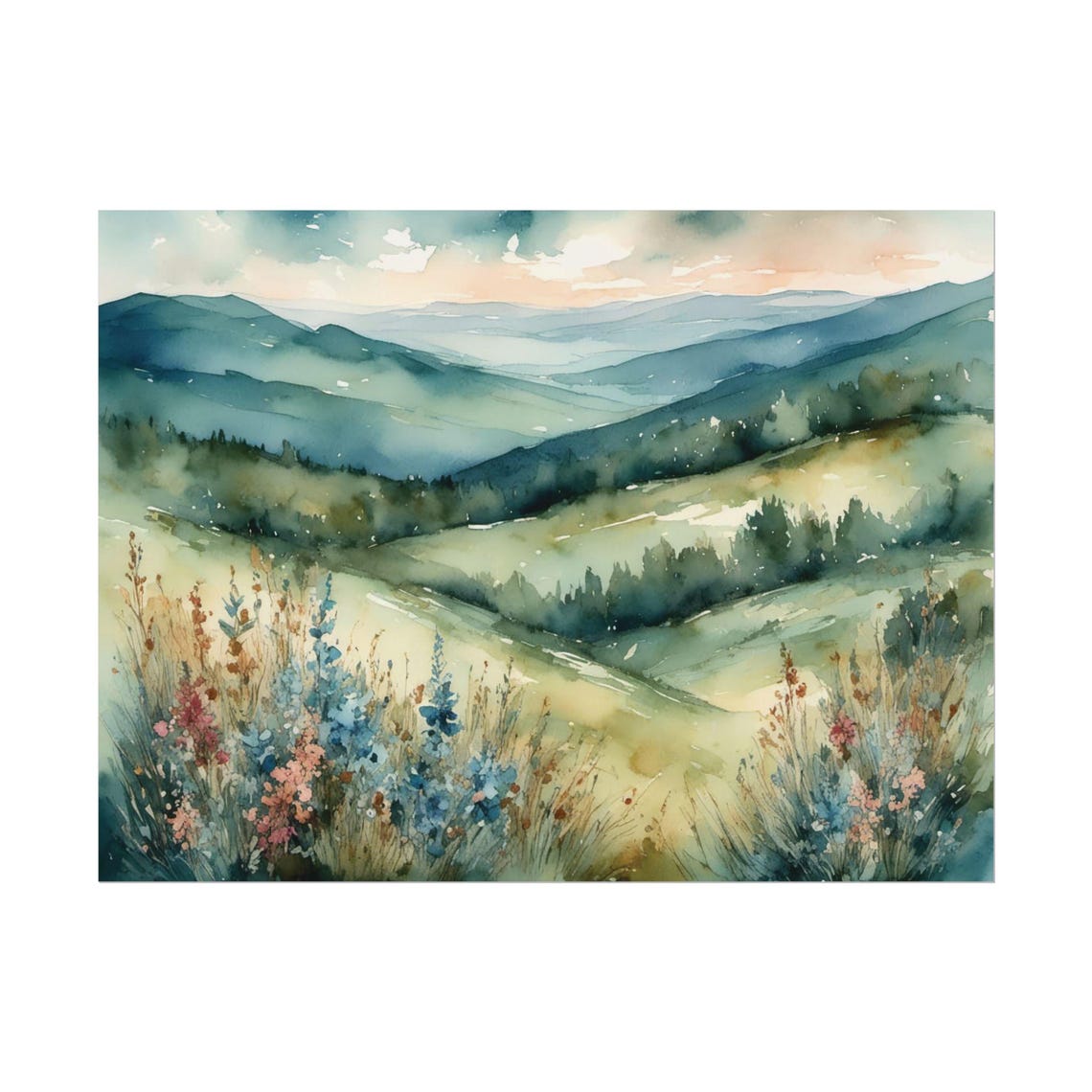 Blue Ridge Mountains Wildflower Meadow Misty Watercolor Poster