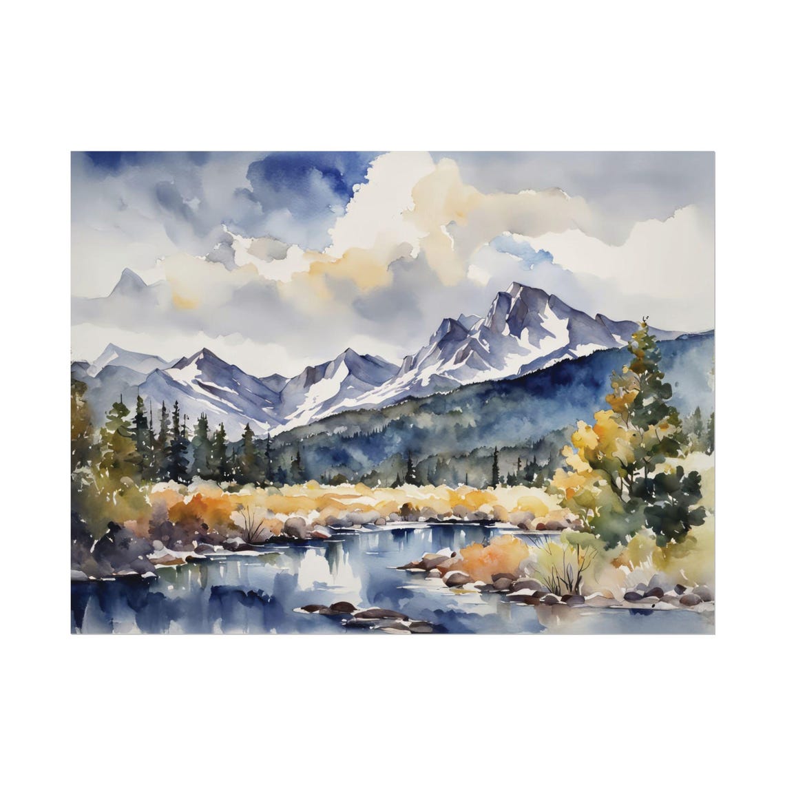 Snowy Mountain Lake Watercolor Landscape Forest Reflection Poster
