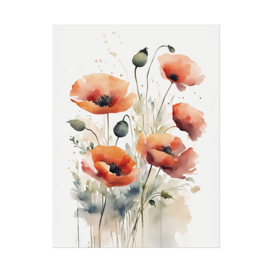 Orange Poppies Watercolor Wildflower Floral Bouquet Art Poster