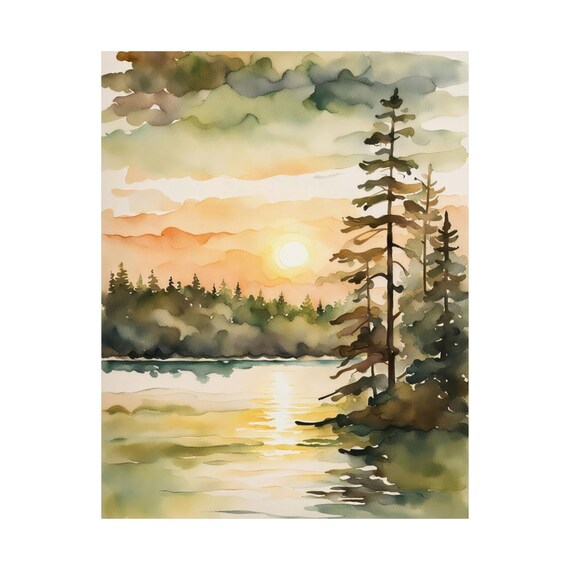 Sunrise Forest Lake Watercolor Pine Trees Morning Mist Landscape Poster