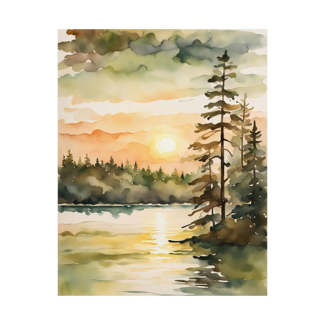 Sunrise Forest Lake Watercolor Pine Trees Morning Mist Landscape Poster