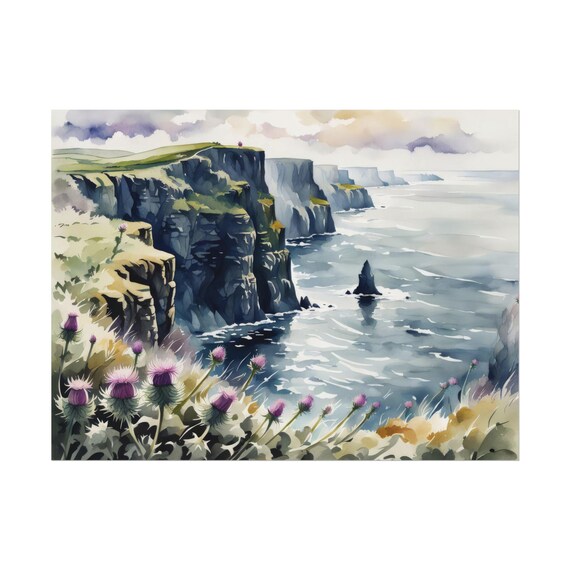 Ireland Cliffs of Moher Thistles Dramatic Sea Cliffs Watercolor Wall Art
