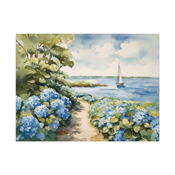 Cape Cod Hydrangea Poster Blue Hydrangea Path To Sailboat Beach Scene