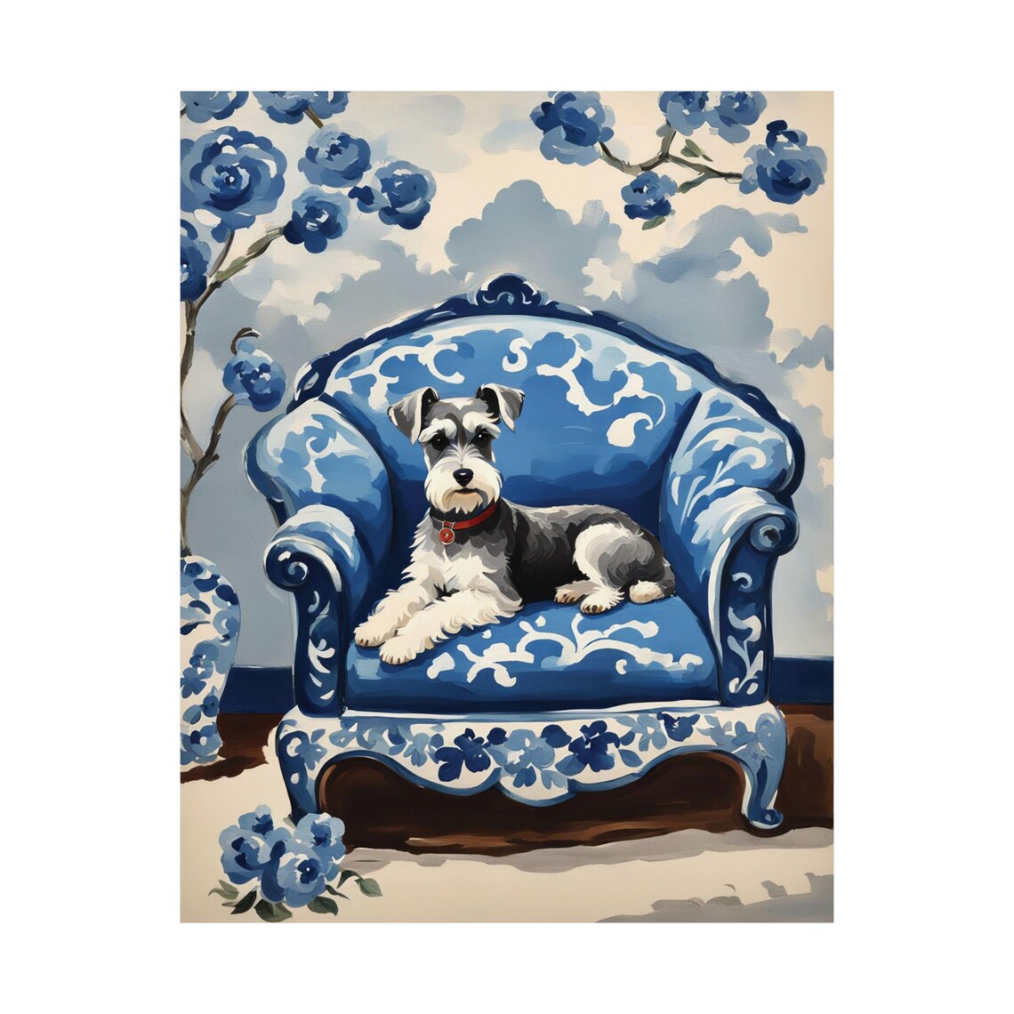 Mini Schnauzer Blue Chinoiserie Chair Red Collar Dog Portrait Wall Art