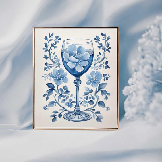 Blue and White Delft Wine Glass Floral Watercolor Botanical Poster