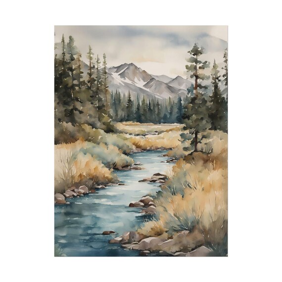 Mountain River Watercolor Pine Forest Stream Landscape Painting Poster