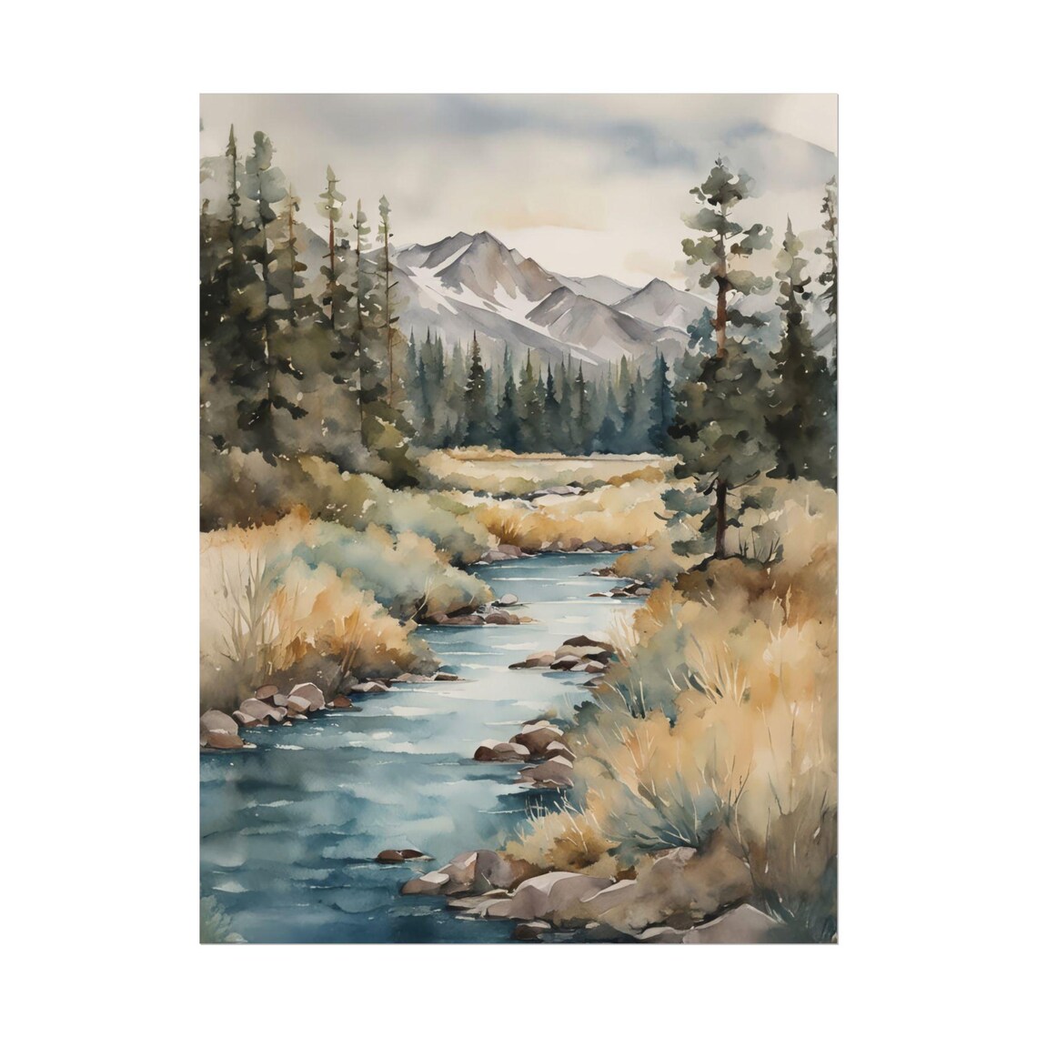 Mountain River Watercolor Pine Forest Stream Landscape Painting Poster