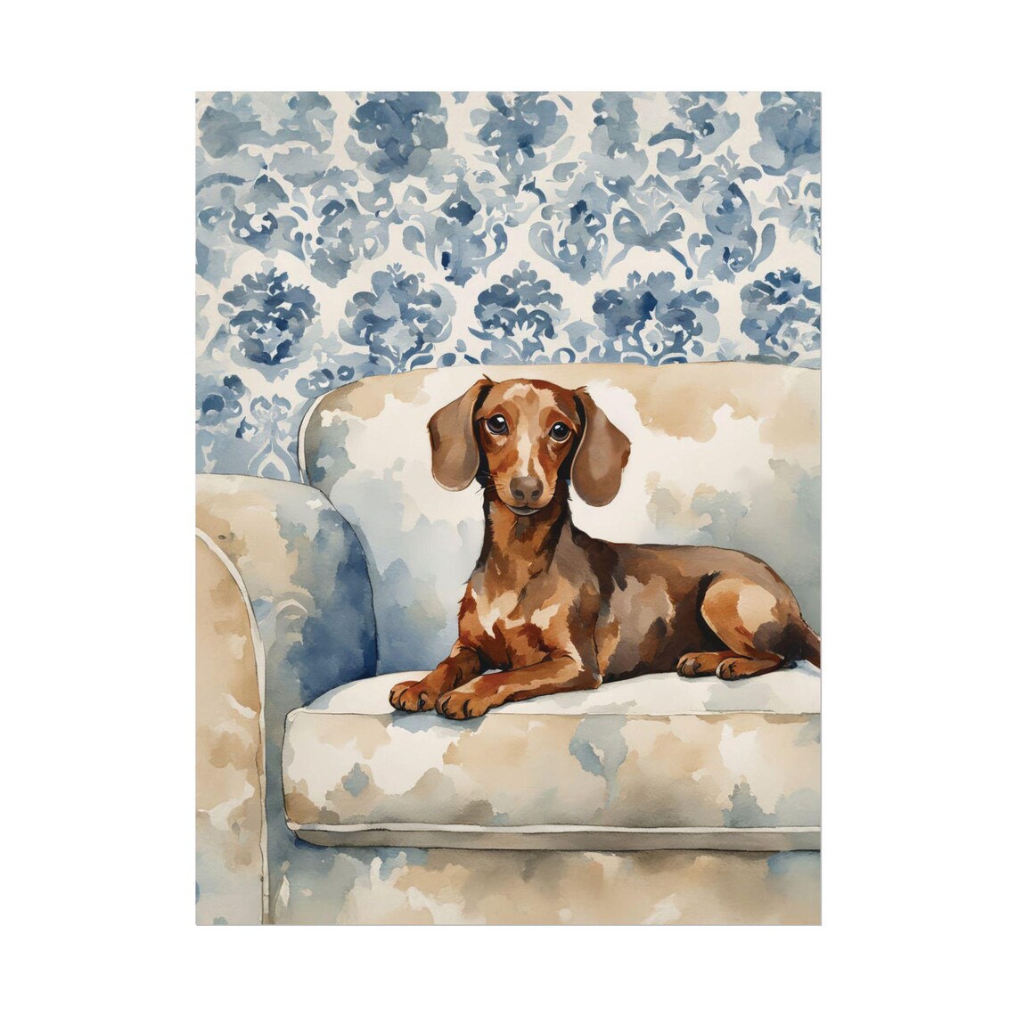 Brown Cozy Dachshund Watercolor Blue Damask Armchair Dog Poster