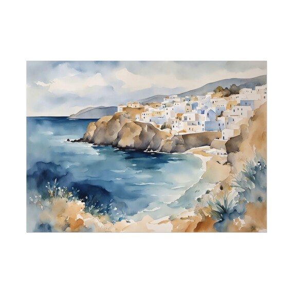 White Coastal Village Watercolor Cliffside Blue Sea Mediterranean Poster