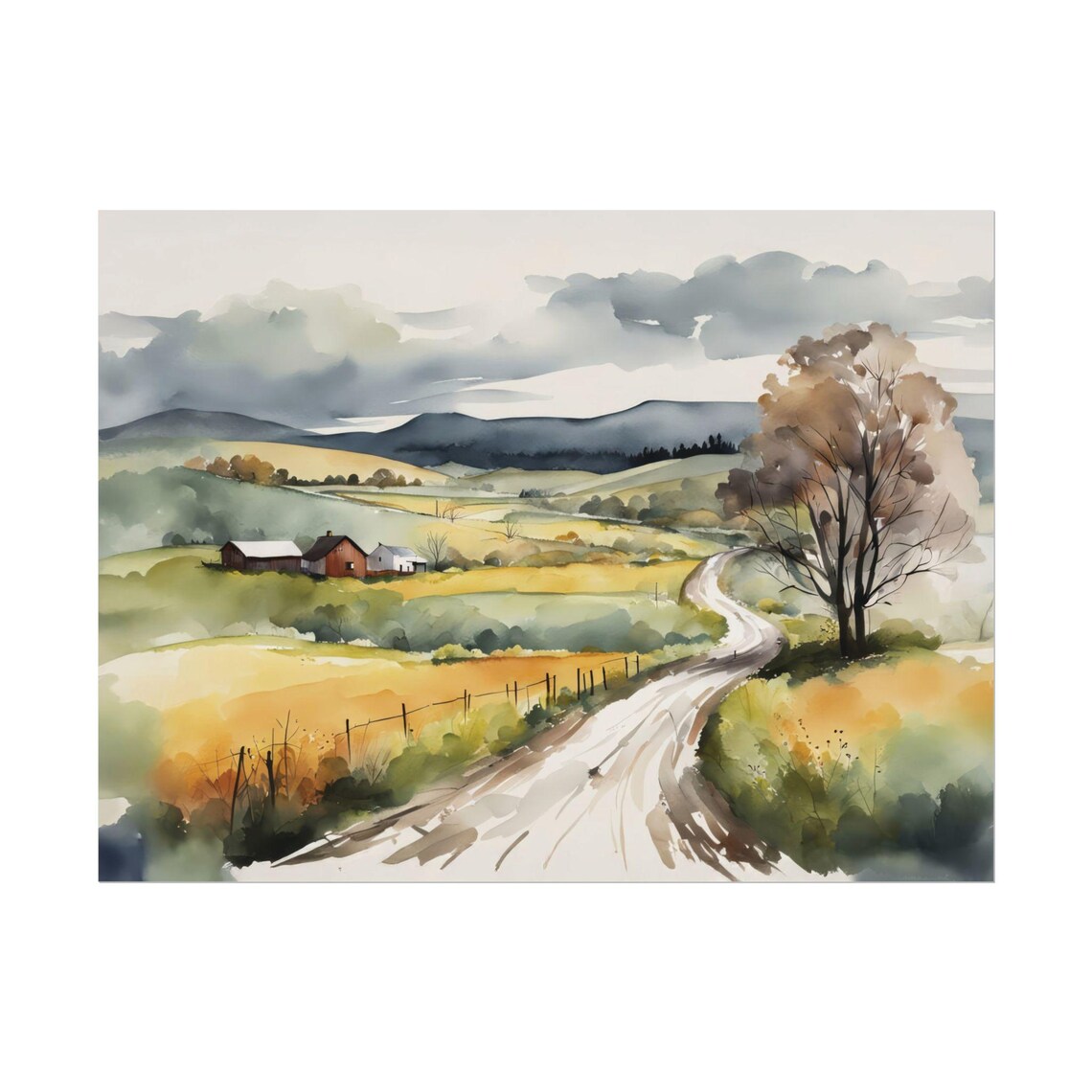 Rustic Winding Country Road Farm Countryside Watercolor Poster