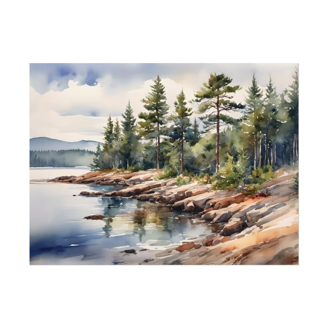 East Blue Hill Maine Rocky Shoreline Pine Watercolor Landscape Poster