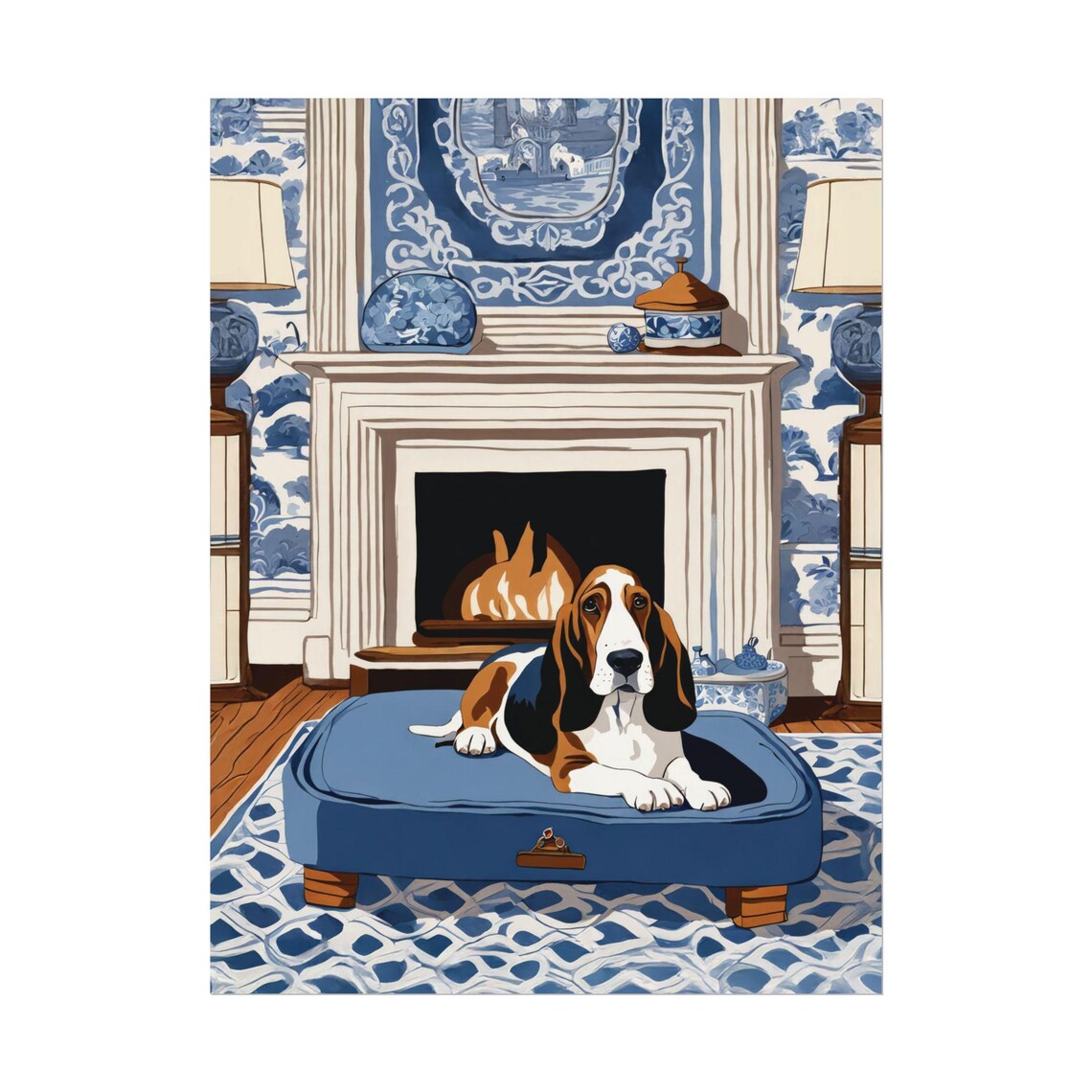 Basset Hound Blue Ottoman Fireplace Chinoiserie Dog Art Poster