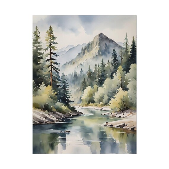 Pine Forest Mountain River Valley Watercolor Landscape Poster