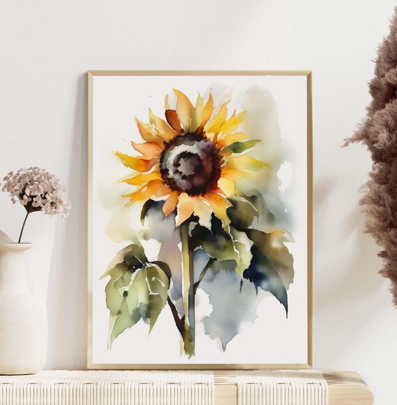 Sunflower Wall Art Watercolor Painting Yellow Flower Print Floral Botanical Nature Gardening Fine Giclee
